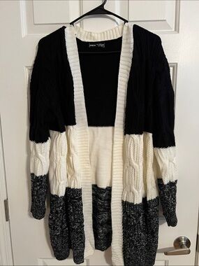SHEIN Black, Cream & Charcoal Cable Knit Colorblock Cardigan